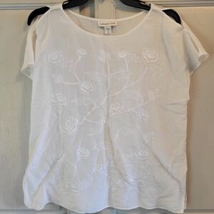 Coldwater Creek White Silk Cotton Blend Blouse With Floral Embroidery